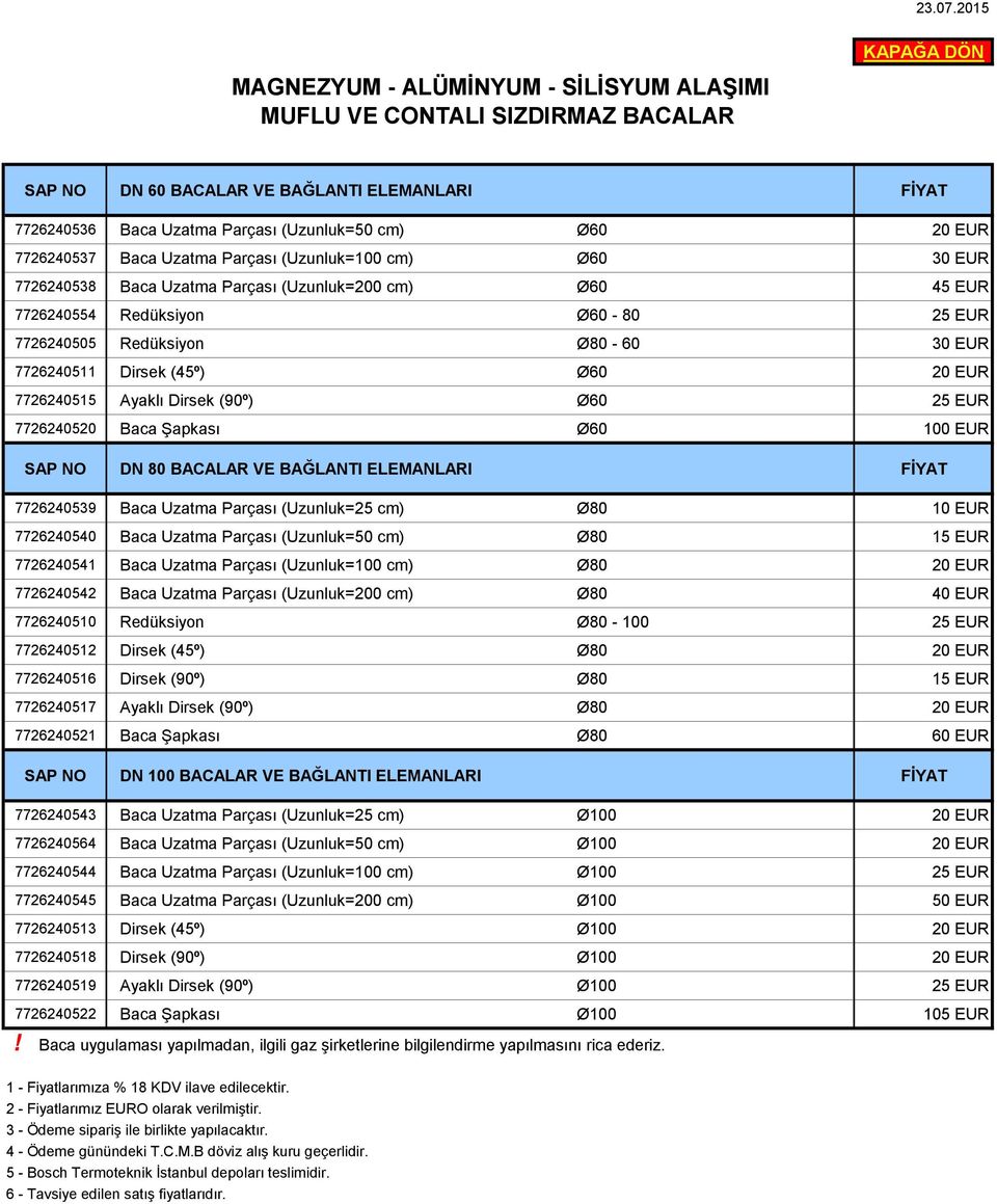 Parçası (Uzunluk=100 cm) Ø60 30 EUR 7726240538 Baca Uzatma Parçası (Uzunluk=200 cm) Ø60 45 EUR 7726240554 Redüksiyon Ø60-80 25 EUR 7726240505 Redüksiyon Ø80-60 30 EUR 7726240511 Dirsek (45º) Ø60 20