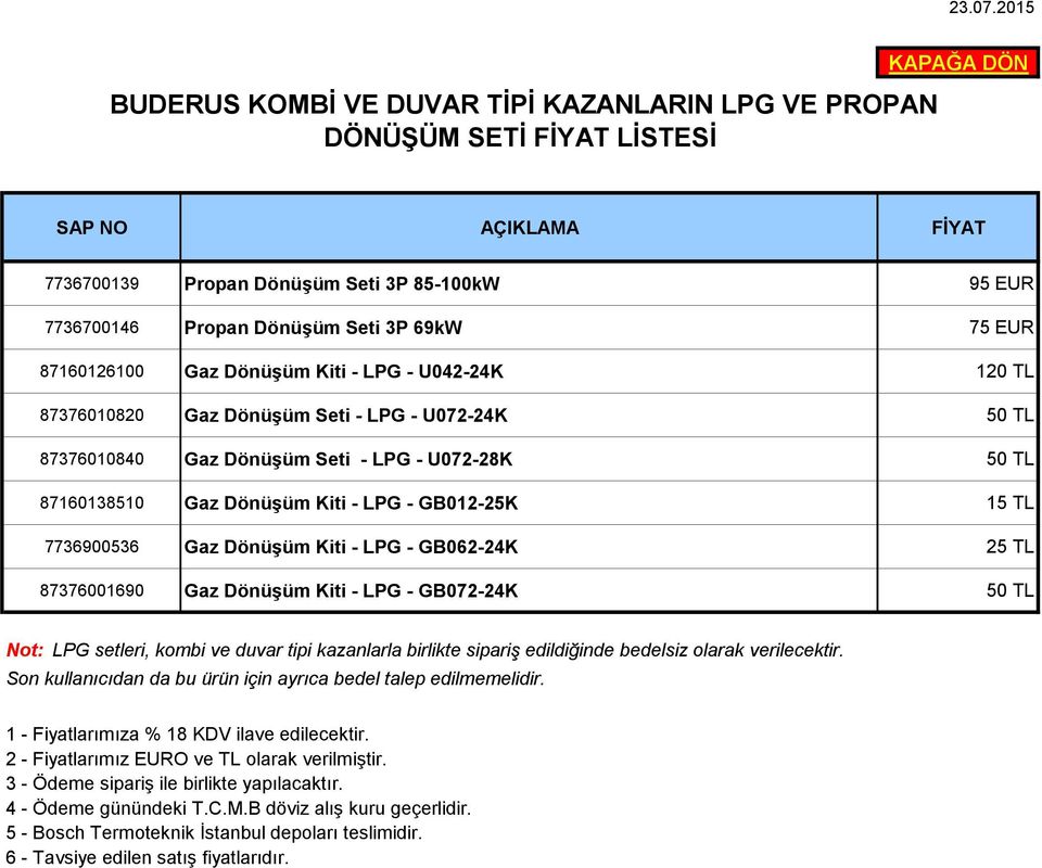 Dönüşüm Kiti - LPG - U042-24K 120 TL 87376010820 Gaz Dönüşüm Seti - LPG - U072-24K 50 TL 87376010840 Gaz Dönüşüm Seti - LPG - U072-28K 50 TL 87160138510 Gaz Dönüşüm Kiti - LPG - GB012-25K 15 TL