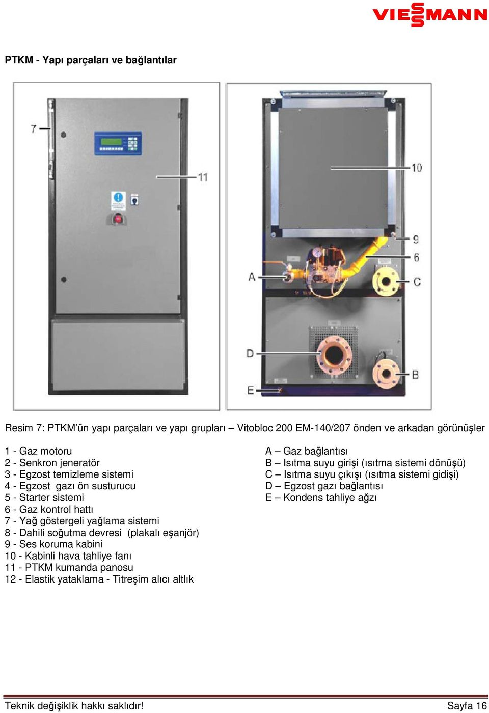 D Egzost gazı bağlantısı 5 - Starter sistemi E Kondens tahliye ağzı 6 - Gaz kontrol hattı 7 - Yağ göstergeli yağlama sistemi 8 - Dahili soğutma devresi (plakalı eşanjör)