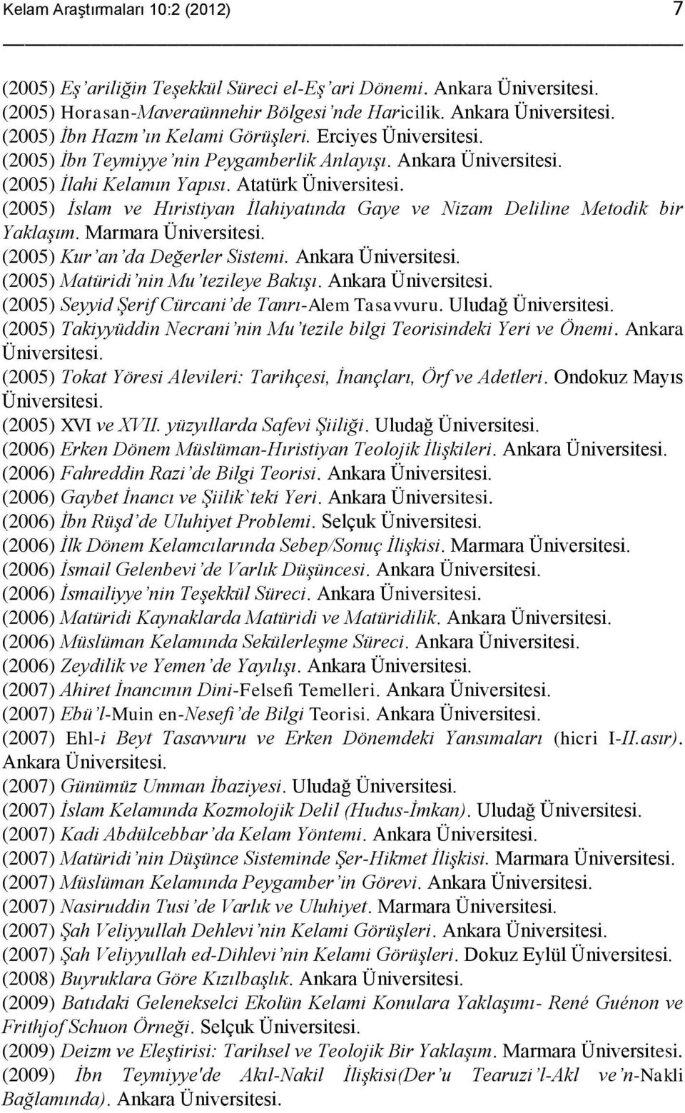 Marmara (2005) Kur an da Değerler Sistemi. Ankara (2005) Matüridi nin Mu tezileye Bakışı. Ankara (2005) Seyyid Şerif Cürcani de Tanrı-Alem Tasavvuru.