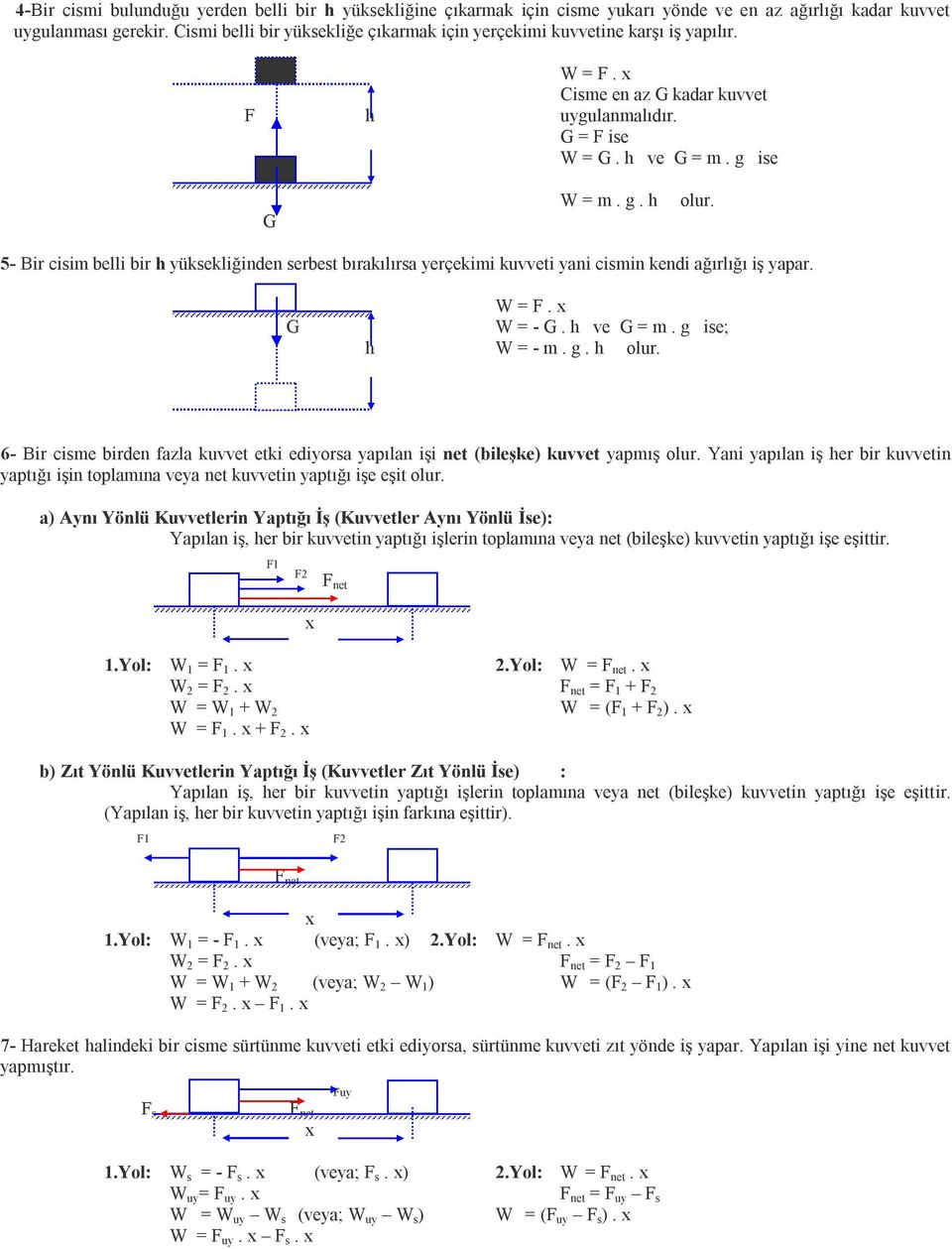 5- Bir cisi belli bir h yüksekliğinden serbest bırakılırsa yerçekii kuvveti yani cisin kendi ağırlığı iş yapar. G W =. W = - G. h ve G =. g ise; h W = -. g. h olur.