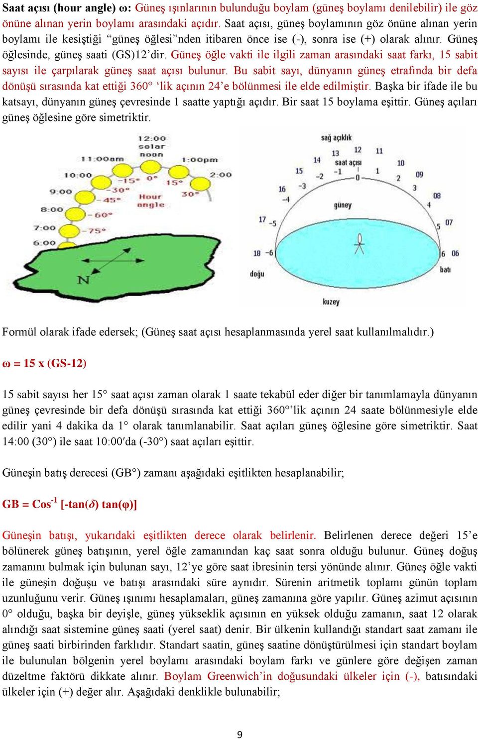 Güneş öğle vakti ile ilgili zaman arasındaki saat farkı, 15 sabit sayısı ile çarpılarak güneş saat açısı bulunur.