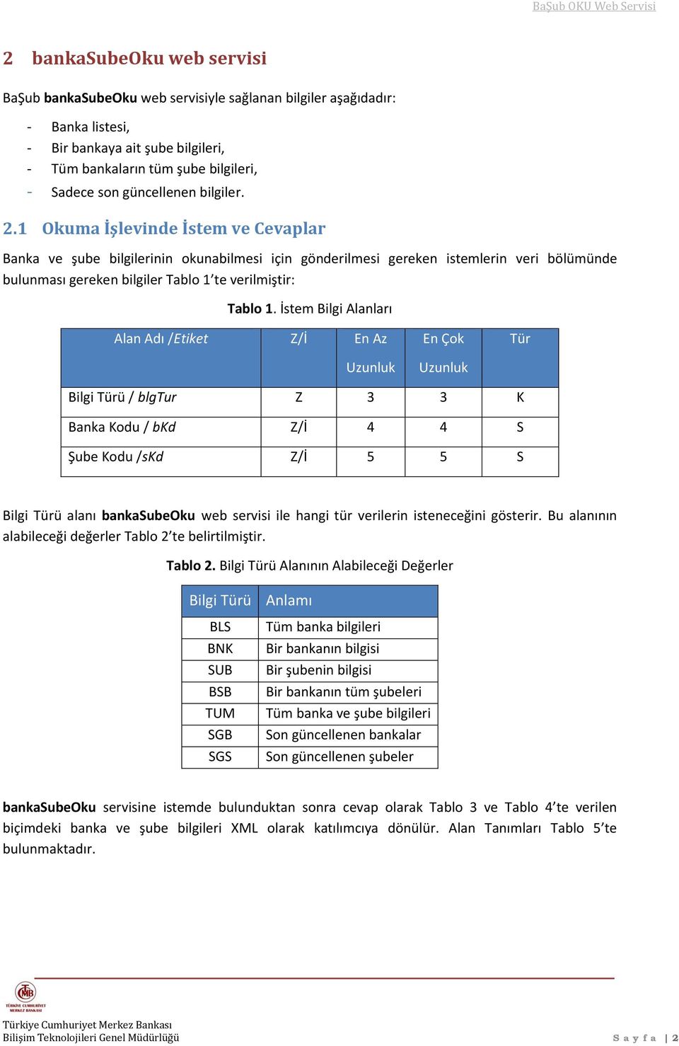 1 Okuma İşlevinde İstem ve Cevaplar Banka ve şube bilgilerinin okunabilmesi için gönderilmesi gereken istemlerin veri bölümünde bulunması gereken bilgiler Tablo 1 te verilmiştir: Tablo 1.