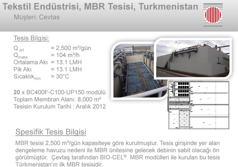 1 LMH Sıcaklık min = 30 C 20 x BC400F-C100-UP150 modülü Toplam Membran Alanı: 8,000 m² Tesisin Kurulum Tarihi : Aralık 2012 Spesifik Tesis