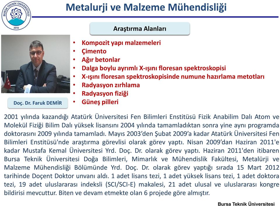 Radyasyon fiziği Güneş pilleri 2001 yılında kazandığı Atatürk Üniversitesi Fen Bilimleri Enstitüsü Fizik Anabilim Dalı Atom ve Molekül Fiziği Bilim Dalı yüksek lisansını 2004 yılında tamamladıktan