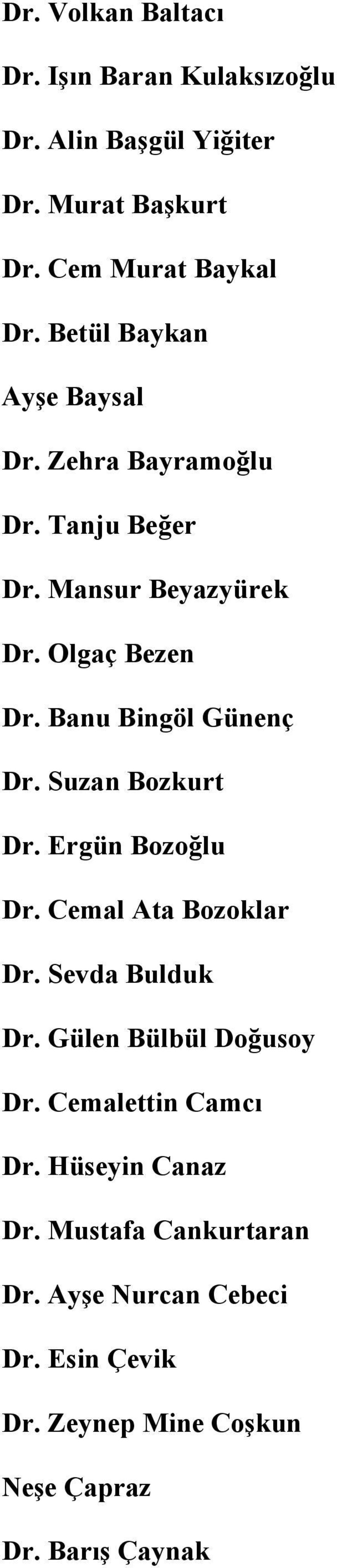 Banu Bingöl Günenç Dr. Suzan Bozkurt Dr. Ergün Bozoğlu Dr. Cemal Ata Bozoklar Dr. Sevda Bulduk Dr. Gülen Bülbül Doğusoy Dr.