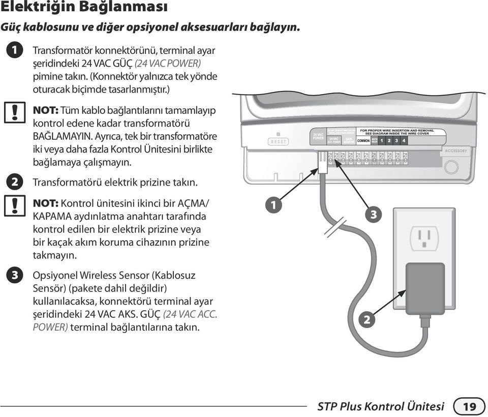 Ayrıca, tek bir transformatöre iki veya daha fazla Kontrol Ünitesini birlikte bağlamaya çalışmayın. Transformatörü elektrik prizine takın.