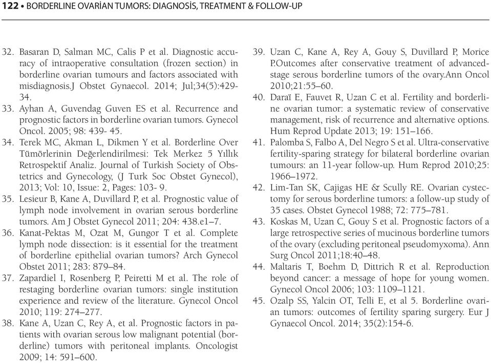 Ayhan A, Guvendag Guven ES et al. Recurrence and prognostic factors in borderline ovarian tumors. Gynecol Oncol. 2005; 98: 439-45. 34. Terek MC, Akman L, Dikmen Y et al.