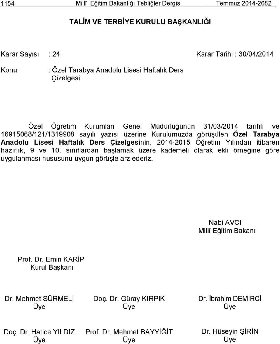 16915068/121/1319908 sayılı yazısı üzerine Kurulumuzda görüşülen Özel Tarabya Anadolu Lisesi Haftalık Ders