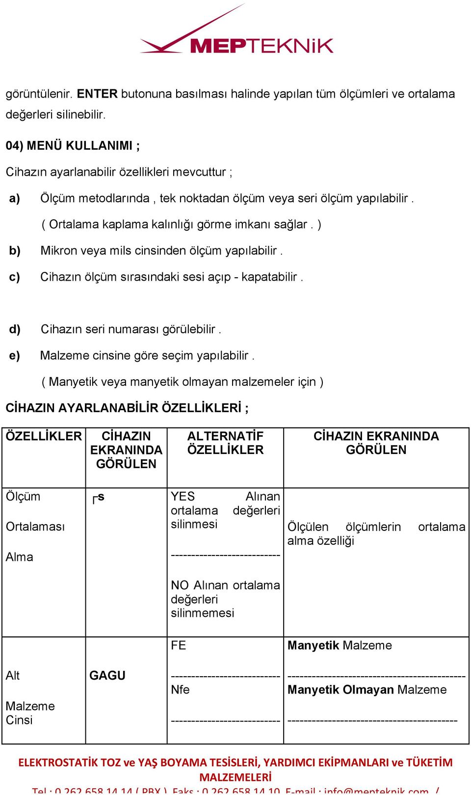 ) b) Mikron veya mils cinsinden ölçüm yapılabilir. c) Cihazın ölçüm sırasındaki sesi açıp - kapatabilir. d) Cihazın seri numarası görülebilir. e) Malzeme cinsine göre seçim yapılabilir.