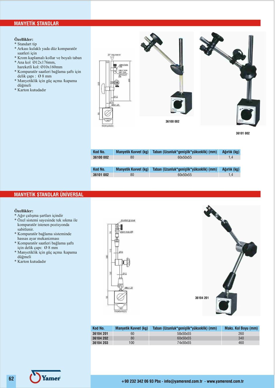 (kg) 1,4 36101 002 Manyetik Kuvvet (kg) 80 Taban (Uzunluk*geniþlik*yükseklik) 60x50x55 Aðýrlýk (kg) 1,4 MANYETÝK STANDLAR ÜNÝVERSAL * Aðýr çalýþma þartlarý içindir * Özel sistemi sayesinde tek sýkma