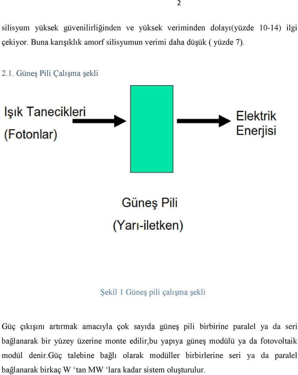 Güneş Pili Çalışma şekli Şekil 1 Güneş pili çalışma şekli Güç çıkışını artırmak amacıyla çok sayıda güneş pili birbirine paralel