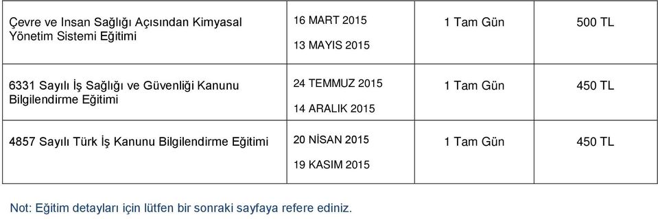 14 ARALIK 2015 1 Tam Gün 450 TL 4857 Sayılı Türk İş Kanunu Bilgilendirme Eğitimi 20 NİSAN 2015