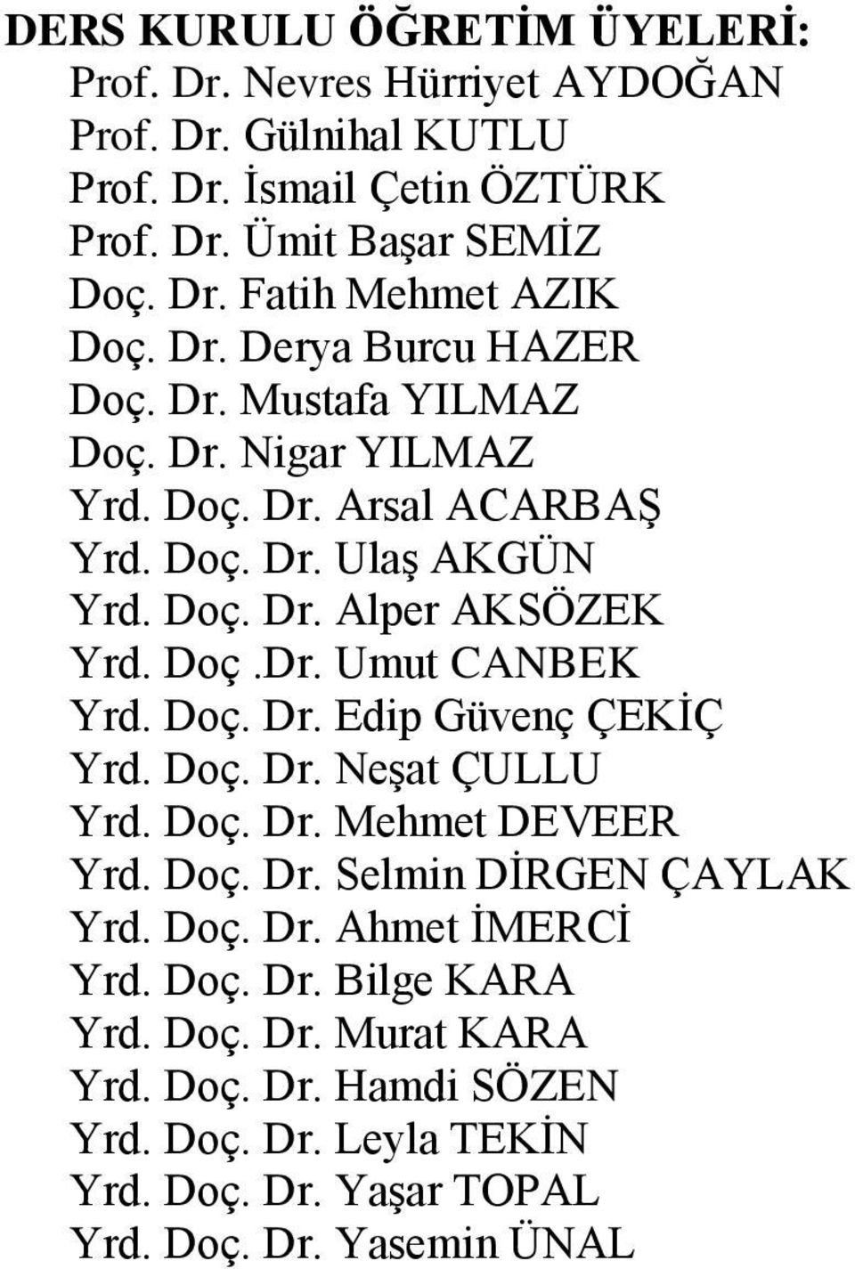 Doç. Dr. Edip Güvenç ÇEKİÇ Yrd. Doç. Dr. Neşat ÇULLU Yrd. Doç. Dr. Mehmet DEVEER Yrd. Doç. Dr. Selmin DİRGEN ÇAYLAK Yrd. Doç. Dr. Ahmet İMERCİ Yrd. Doç. Dr. Bilge KARA Yrd.