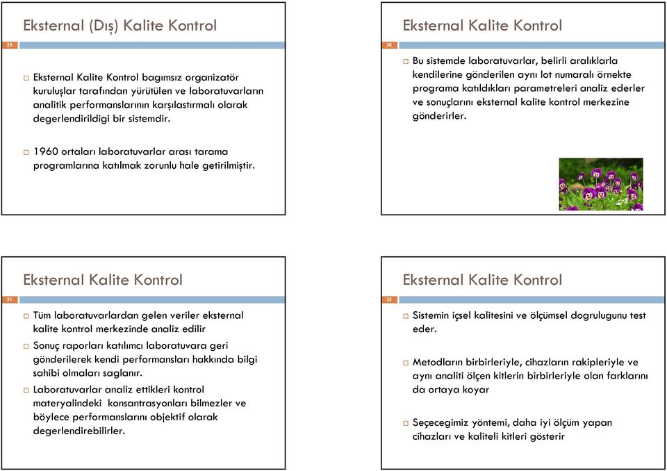 30 Eksternal Kalite Kontrol Bu sistemde laboratuvarlar, belirli aralıklarla kendilerine gönderilen aynı lot numaralı örnekte programa katıldıkları parametreleri analiz ederler ve sonuçlarını