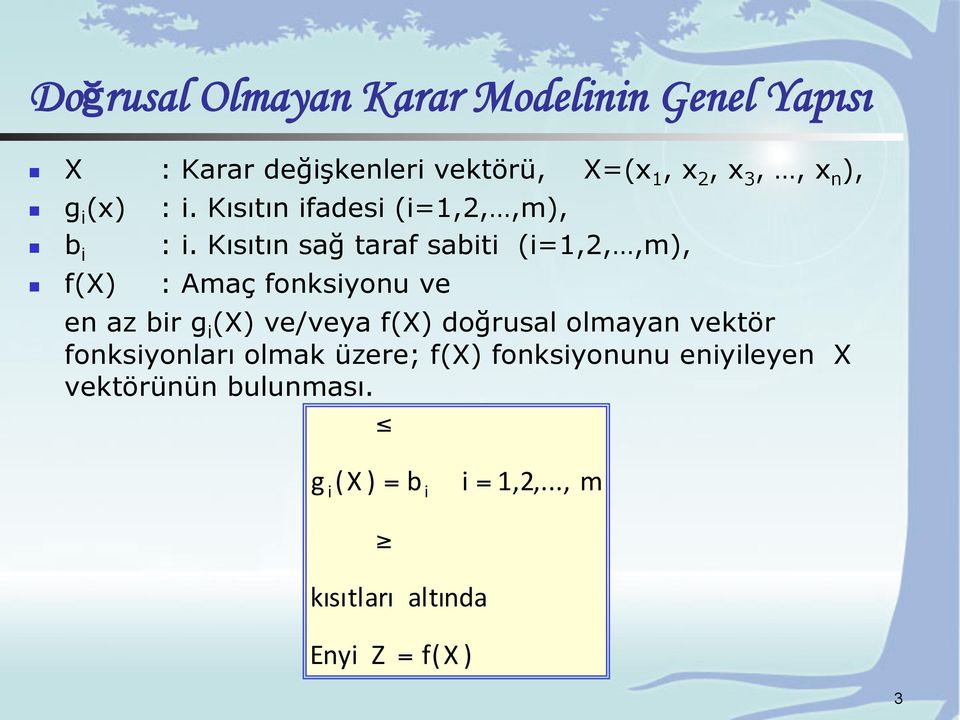 Kısıtın sağ taraf sabiti (i,,,m), f(x) : Amaç fonksiyonu ve en az bir g i (X) ve/veya f(x)