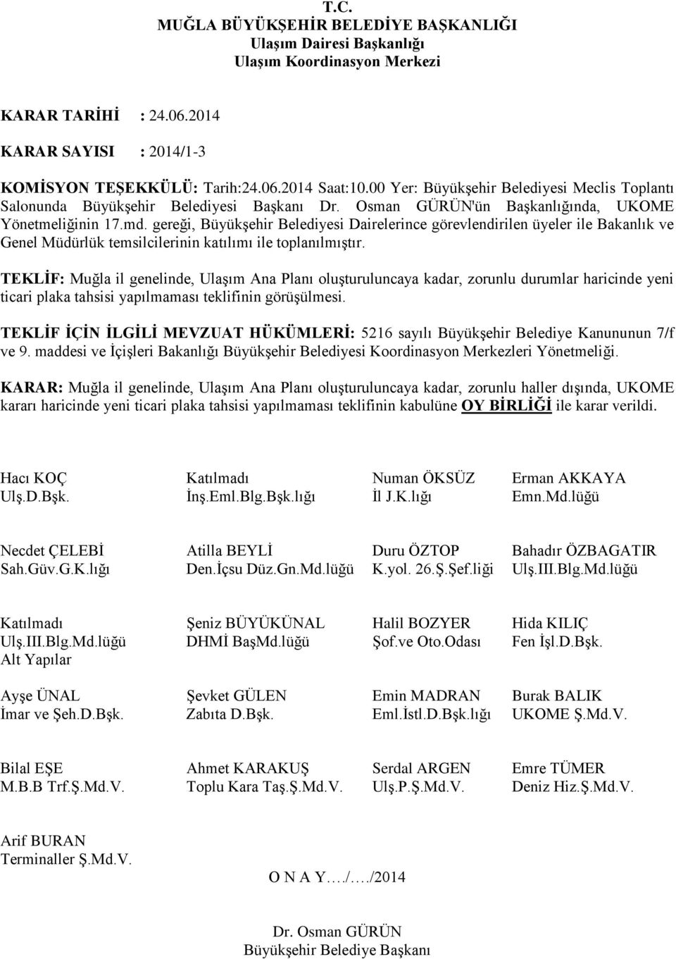 KARAR: Muğla il genelinde, Ulaşım Ana Planı oluşturuluncaya kadar, zorunlu haller dışında, UKOME kararı haricinde yeni ticari plaka