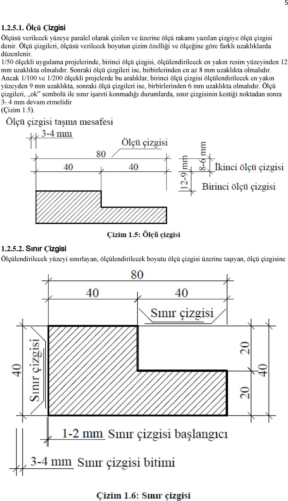 1/50 ölçekli uygulama projelerinde, birinci ölçü çizgisi, ölçülendirilecek en yakın resim yüzeyinden 12 mm uzaklıkta olmalıdır.