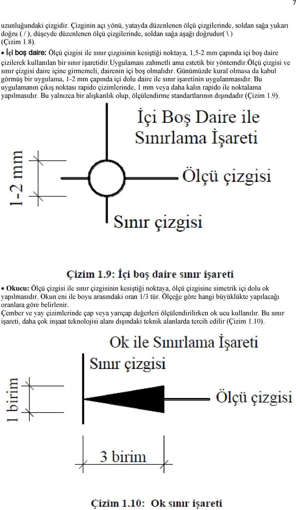 ölçü çizgisi ve sınır çizgisi daire içine girmemeli, dairenin içi boş olmalıdır. Günümüzde kural olmasa da kabul görmüş bir uygulama, 1-2 mm çapında içi dolu daire ile sınır işaretinin uygulanmasıdır.