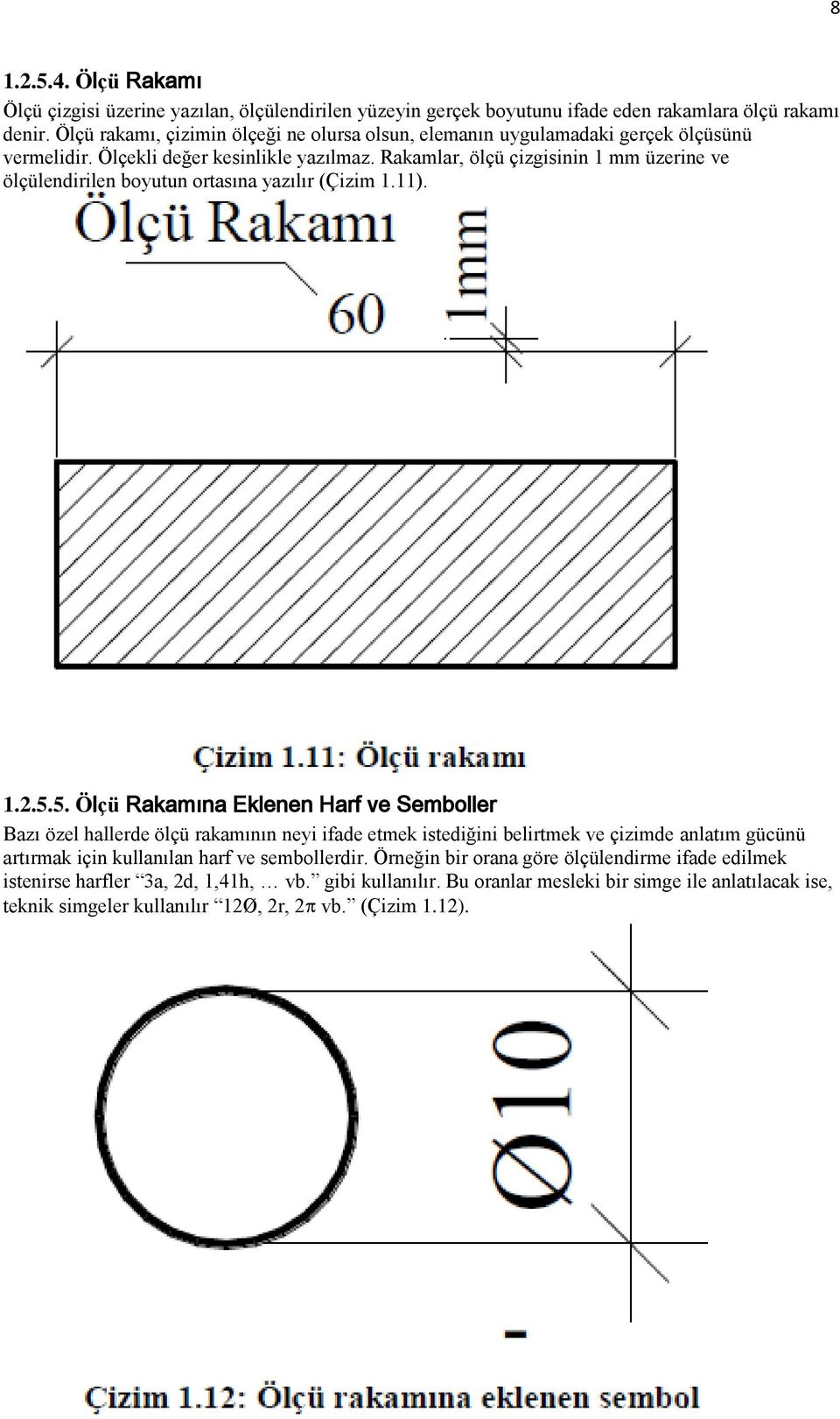 Rakamlar, ölçü çizgisinin 1 mm üzerine ve ölçülendirilen boyutun ortasına yazılır (Çizim 1.11). 1.2.5.