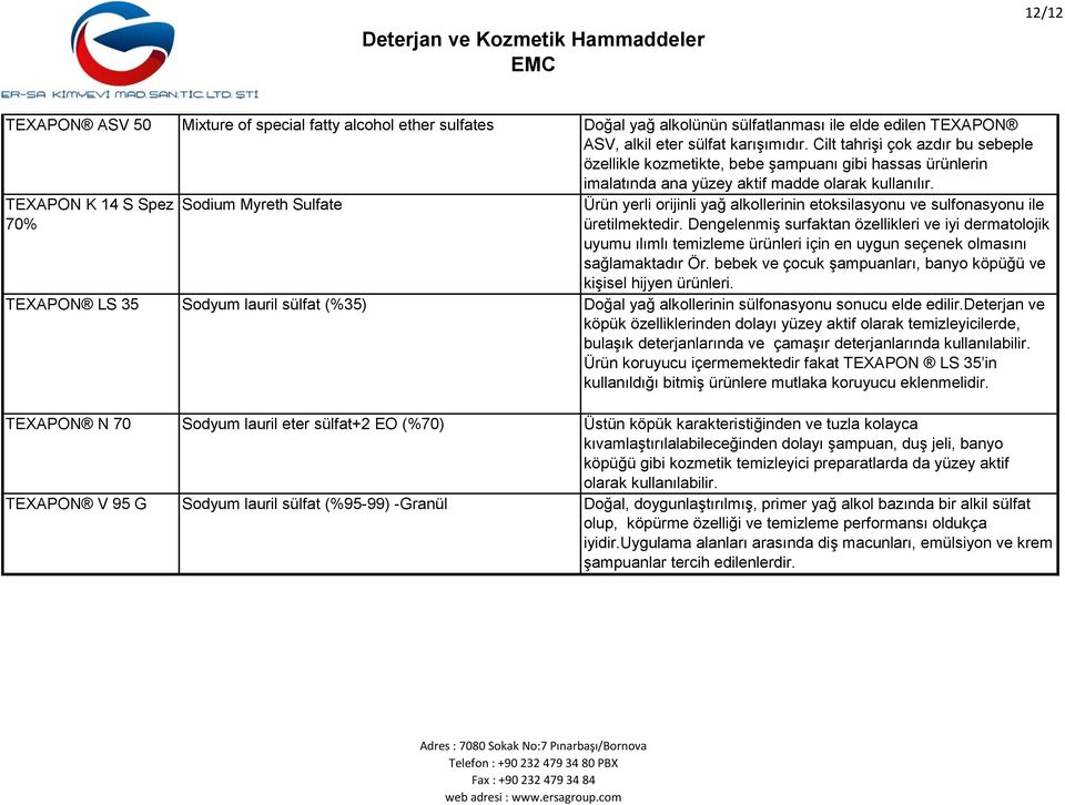 TEXAPON K 14 S Spez 70% Sodium Myreth Sulfate Ürün yerli orijinli yağ alkollerinin etoksilasyonu ve sulfonasyonu ile üretilmektedir.