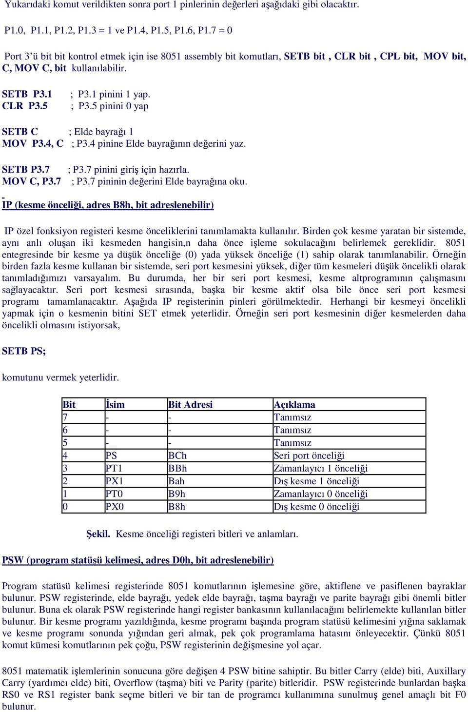 1 pinini 1 yap. ; P3.5 pinini 0 yap SETB C ; Elde bayrağı 1 MOV P3.4, C ; P3.4 pinine Elde bayrağının değerini yaz. SETB P3.7 MOV C, P3.7 ; P3.7 pinini giriş için hazırla. ; P3.7 pininin değerini Elde bayrağına oku.