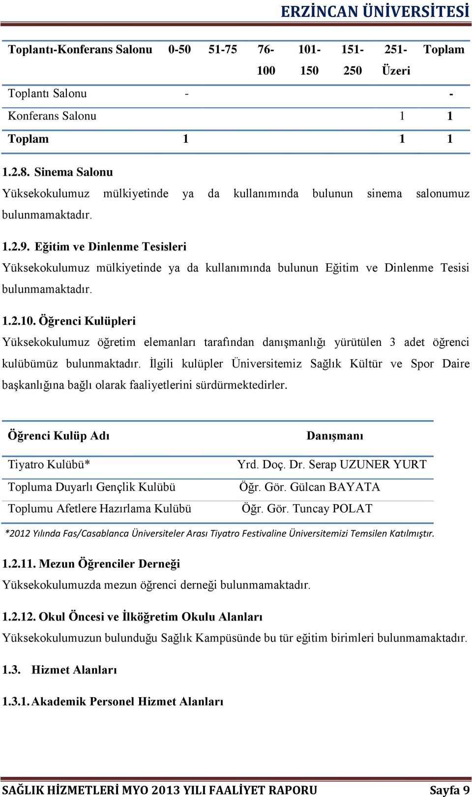 Eğitim ve Dinlenme Tesisleri Yüksekokulumuz mülkiyetinde ya da kullanımında bulunun Eğitim ve Dinlenme Tesisi bulunmamaktadır. 1.2.10.