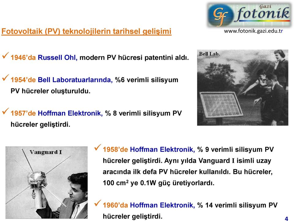 1957 de Hoffman Elektronik, % 8 verimli silisyum PV hücreler geliştirdi.