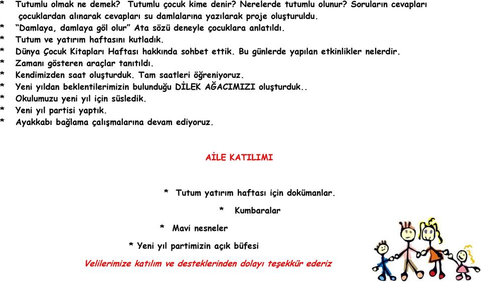 Bu günlerde yapılan etkinlikler nelerdir. * Zamanı gösteren araçlar tanıtıldı. * Kendimizden saat oluşturduk. Tam saatleri öğreniyoruz.