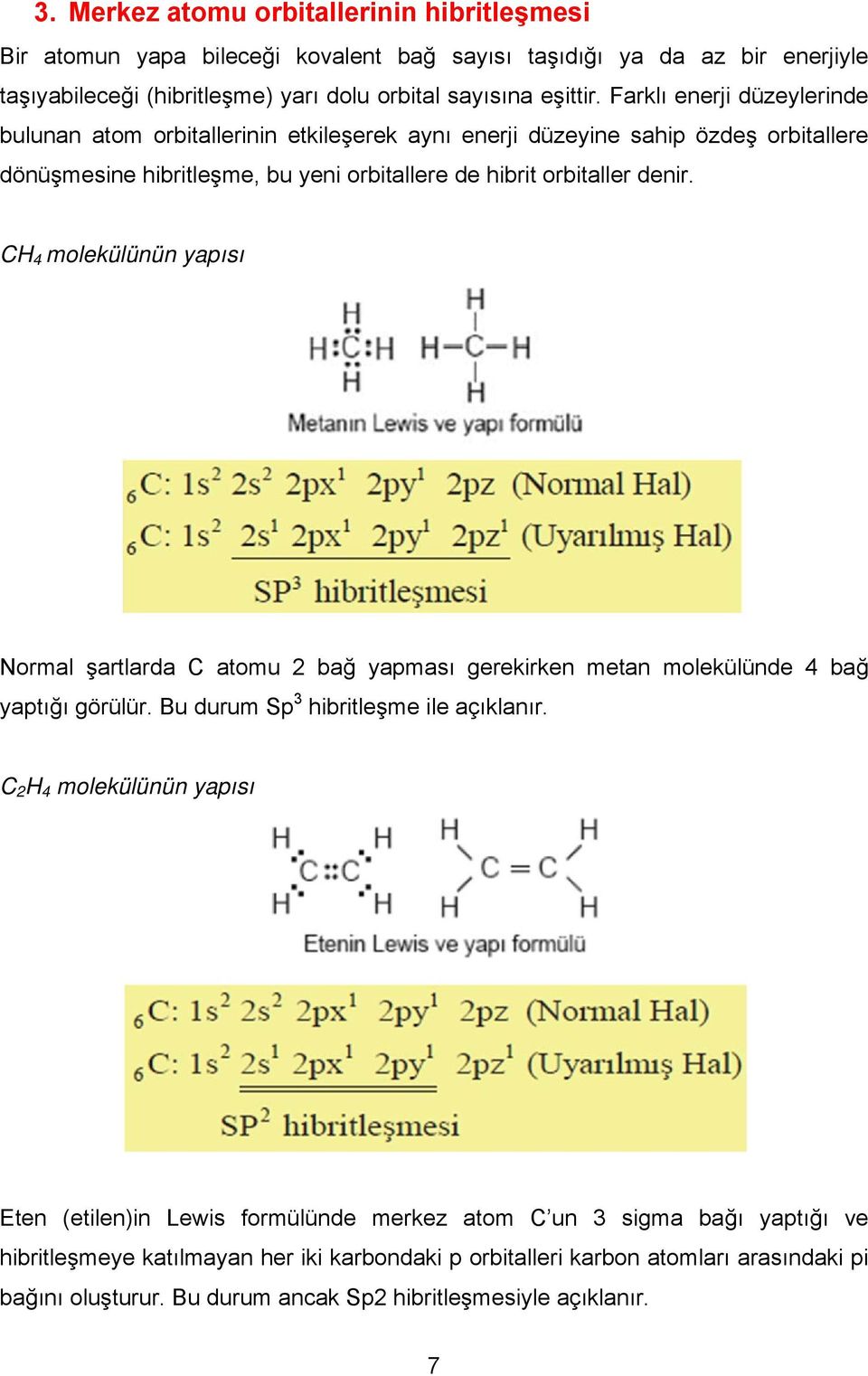 CH 4 molekülünün yapısı Normal şartlarda C atomu 2 bağ yapması gerekirken metan molekülünde 4 bağ yaptığı görülür. Bu durum Sp 3 hibritleşme ile açıklanır.