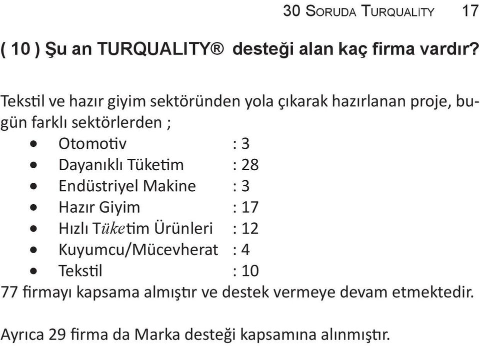 Dayanıklı Tüketim : 28 Endüstriyel Makine : 3 Hazır Giyim : 17 Hızlı Tüketim Ürünleri : 12