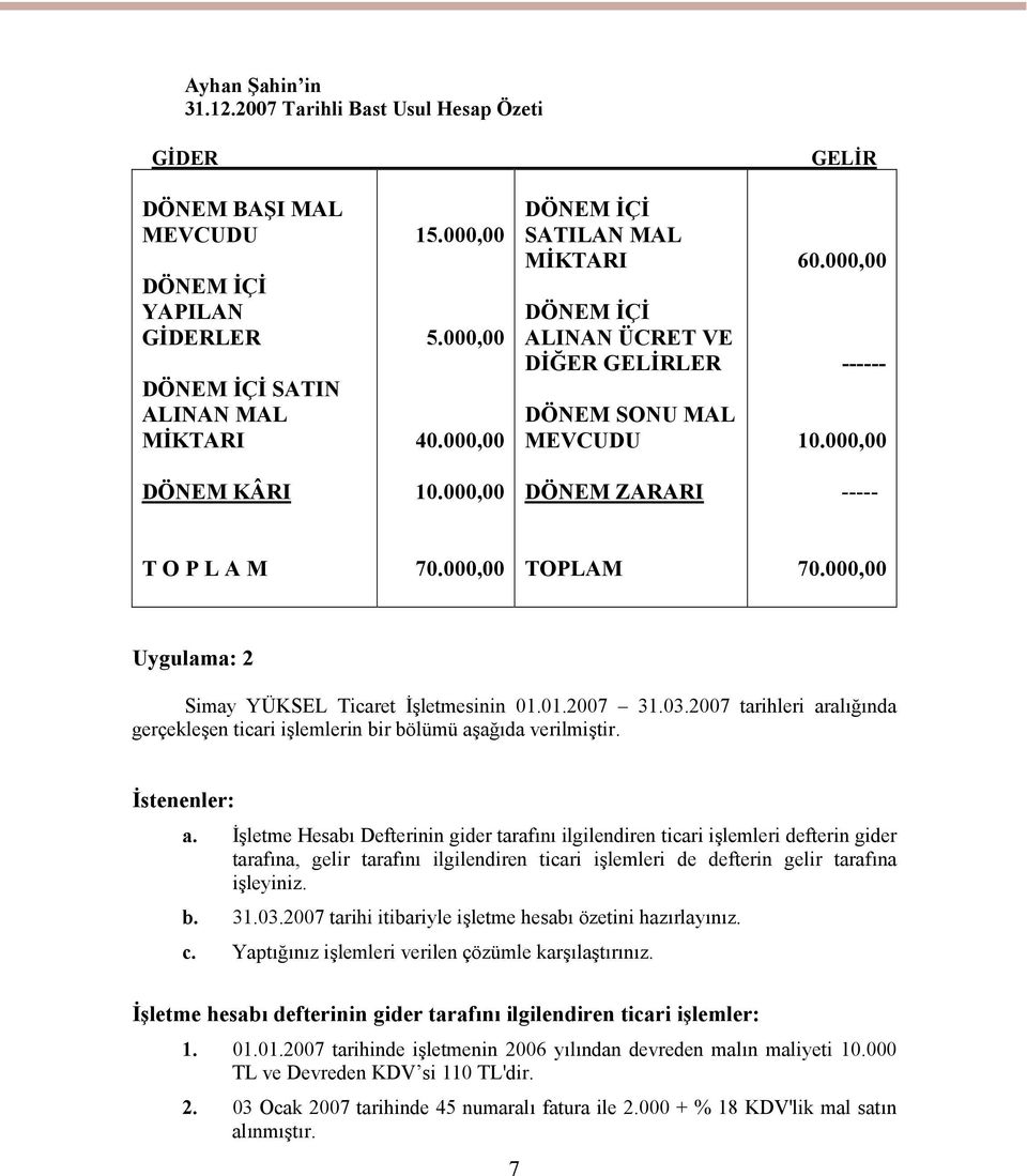 000,00 Uygulama: 2 Simay YÜKSEL Ticaret İşletmesinin 01.01.2007 31.03.2007 tarihleri aralığında gerçekleşen ticari işlemlerin bir bölümü aşağıda verilmiştir. İstenenler: a.