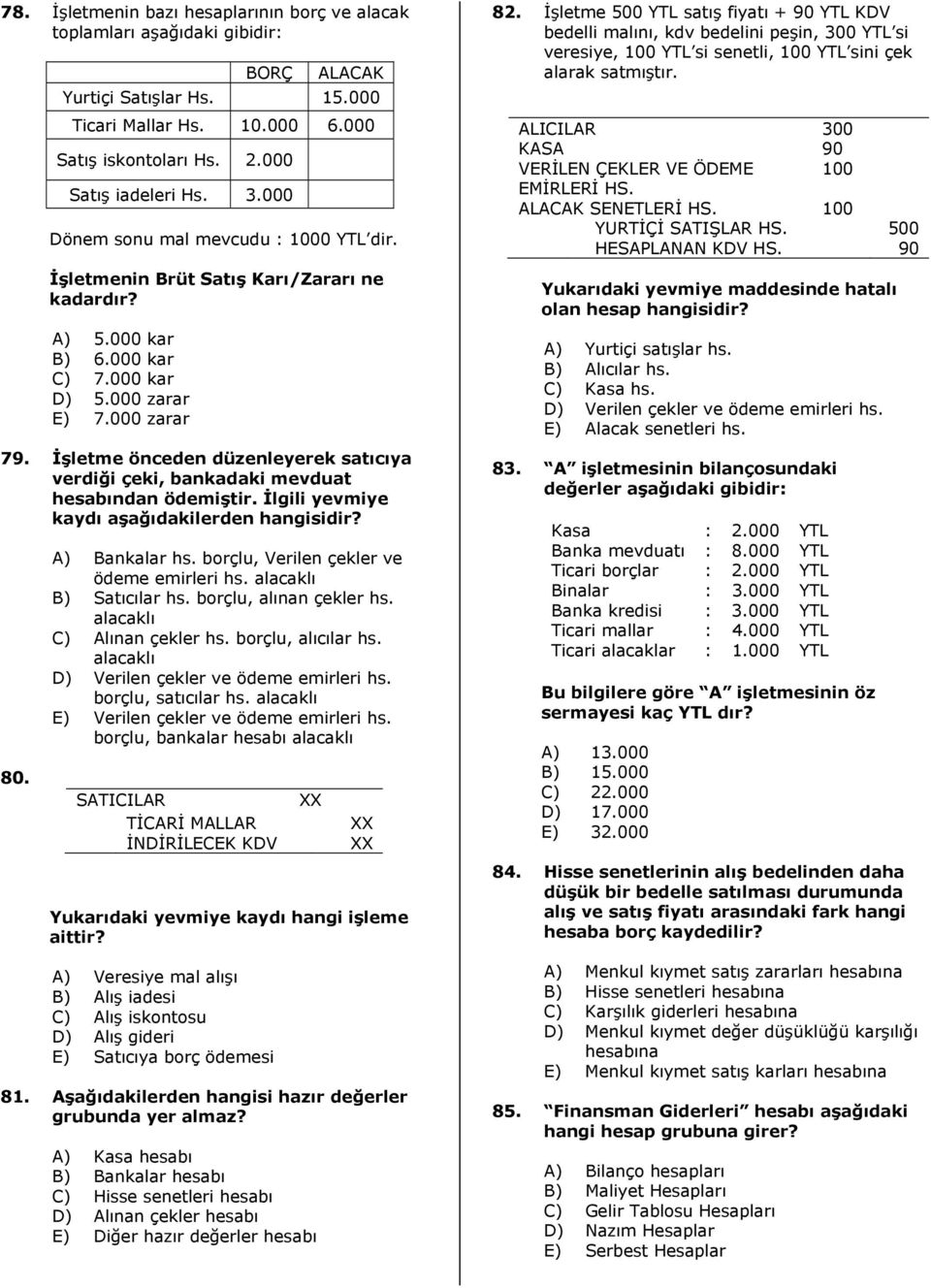 borçlu, Verilen çekler ve ödeme emirleri hs. B) Satıcılar hs. borçlu, alınan çekler hs. C) Alınan çekler hs. borçlu, alıcılar hs. D) Verilen çekler ve ödeme emirleri hs. borçlu, satıcılar hs.