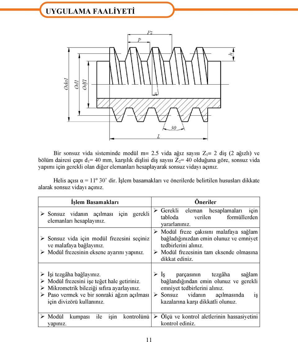 sonsuz vidayı açınız. Helis açısı α = 11º 30 dir. İşlem basamakları ve önerilerde belirtilen hususları dikkate alarak sonsuz vidayı açınız.