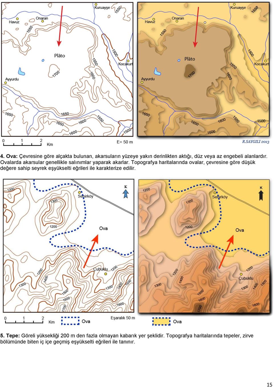 Topografya haritalarında ovalar, çevresine göre düşük değere sahip seyrek eşyükselti eğrileri ile karakterize edilir.