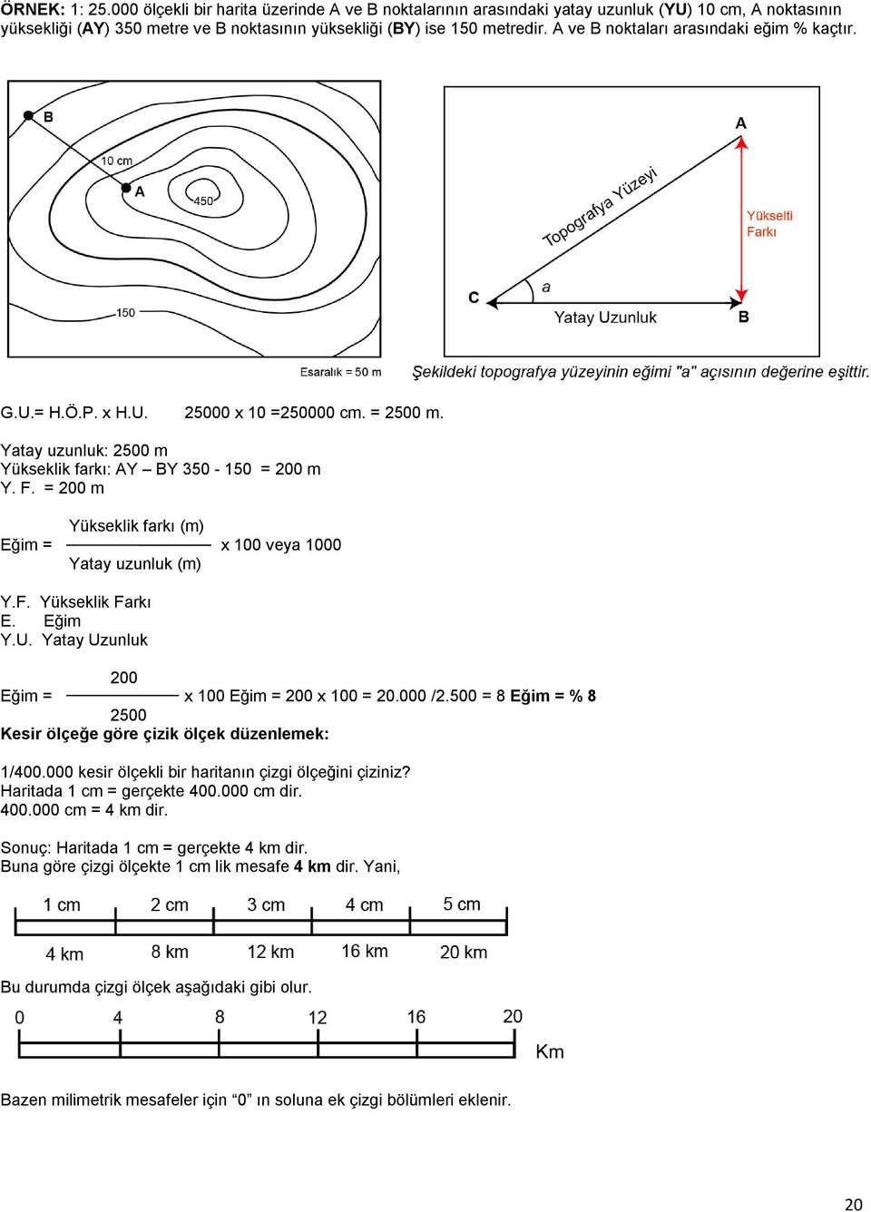 = 200 m Yükseklik farkı (m) Eğim = x 100 veya 1000 Yatay uzunluk (m) Y.F. Yükseklik Farkı E. Eğim Y.U. Yatay Uzunluk 200 Eğim = x 100 Eğim = 200 x 100 = 20.000 /2.