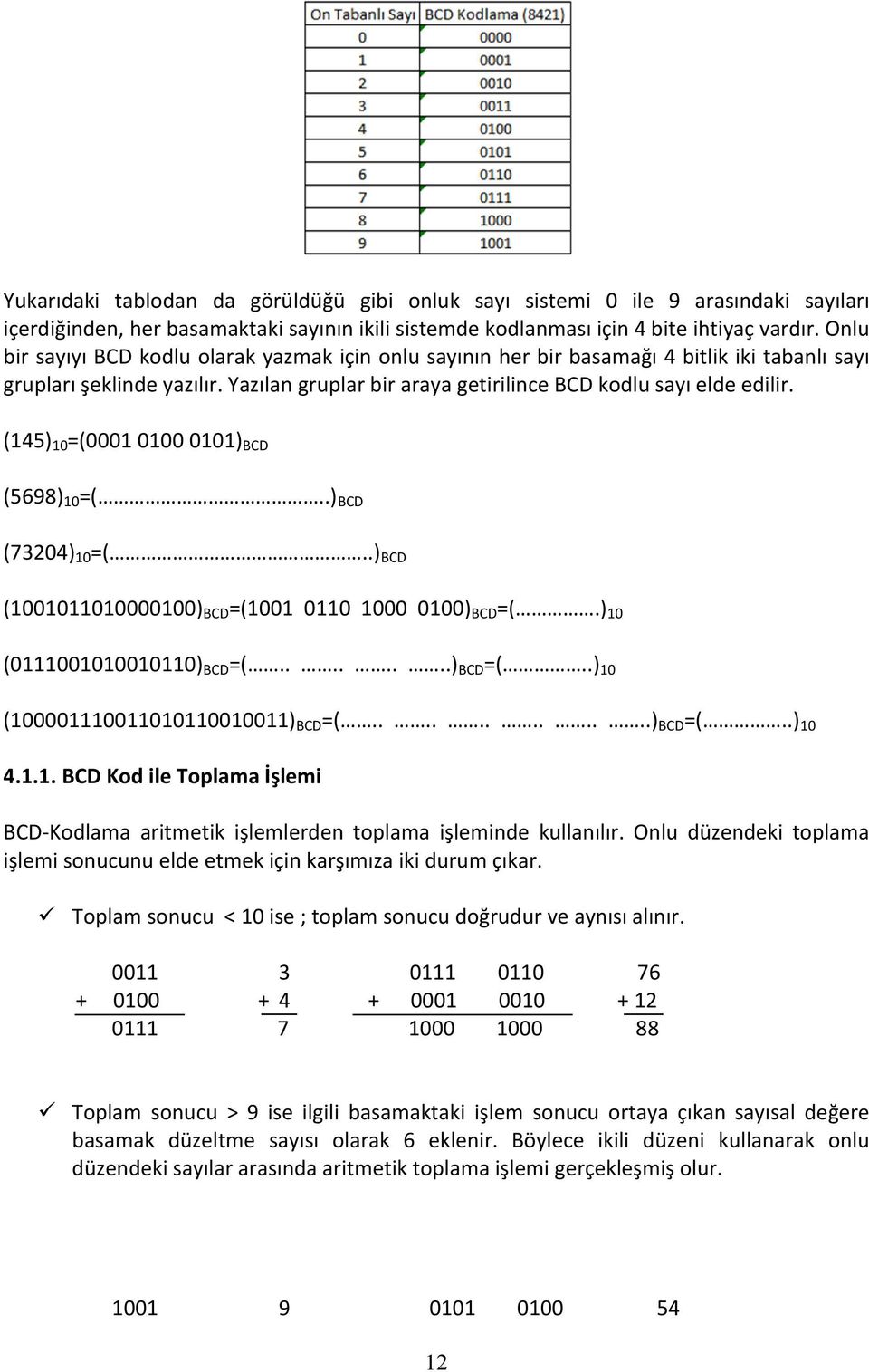 (145) 10 =(0001 0100 0101) BCD (5698) 10 =(..) BCD (73204) 10 =(..) BCD (1001011010000100) BCD =(1001 0110 1000 0100) BCD =(.) 10 (0111001010010110) BCD =(........) BCD =(..) 10 (100001110011010110010011) BCD =(.