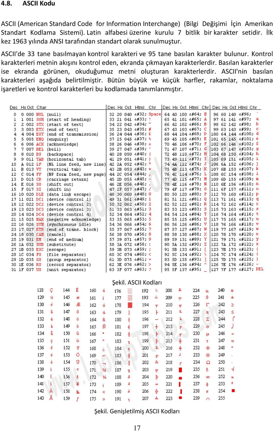 ASCII'de 33 tane basılmayan kontrol karakteri ve 95 tane basılan karakter bulunur. Kontrol karakterleri metnin akışını kontrol eden, ekranda çıkmayan karakterlerdir.