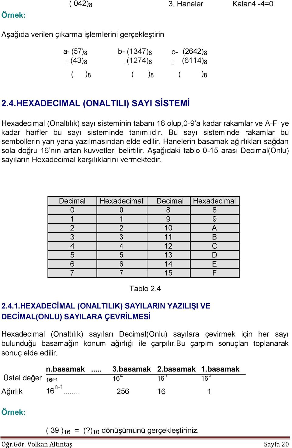 Aşağıdaki tablo 0-15 arası Decimal(Onlu) sayıların Hexadecimal karşılıklarını vermektedir.