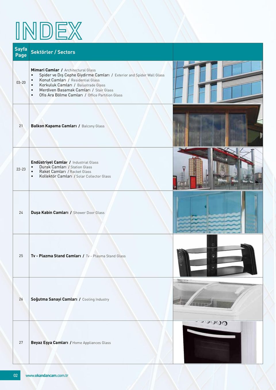 22-23 Endüstriyel Camlar / Industrial Glass Durak Camları / Station Glass Raket Camları / Racket Glass Kollektör Camları / Solar Collector Glass 24 Duşa Kabin Camları /