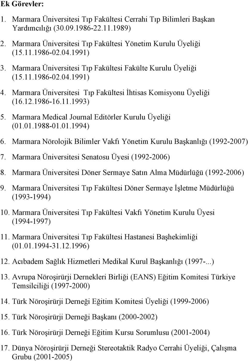 Marmara Medical Journal Editörler Kurulu Üyeliği (01.01.1988-01.01.1994) 6. Marmara Nörolojik Bilimler Vakfı Yönetim Kurulu Başkanlığı (1992-2007) 7. Marmara Üniversitesi Senatosu Üyesi (1992-2006) 8.