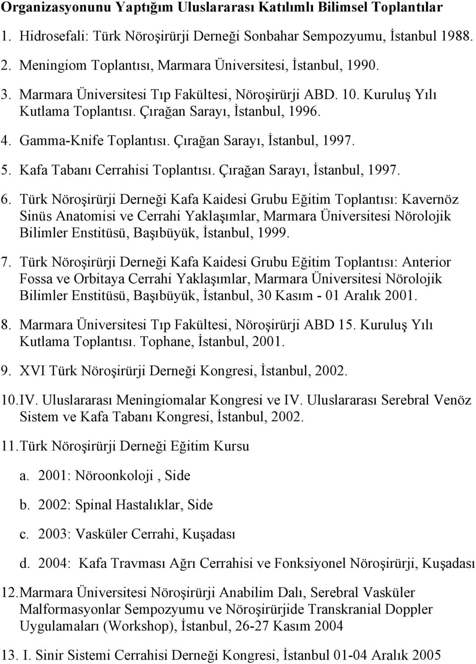 Gamma-Knife Toplantısı. Çırağan Sarayı, İstanbul, 1997. 5. Kafa Tabanı Cerrahisi Toplantısı. Çırağan Sarayı, İstanbul, 1997. 6.
