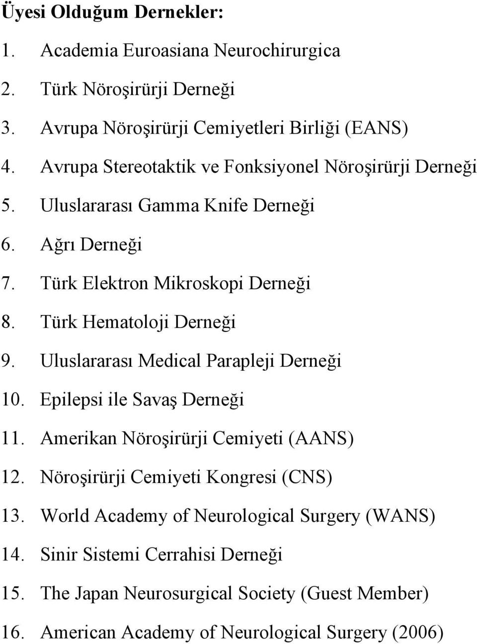 Türk Hematoloji Derneği 9. Uluslararası Medical Parapleji Derneği 10. Epilepsi ile Savaş Derneği 11. Amerikan Nöroşirürji Cemiyeti (AANS) 12.