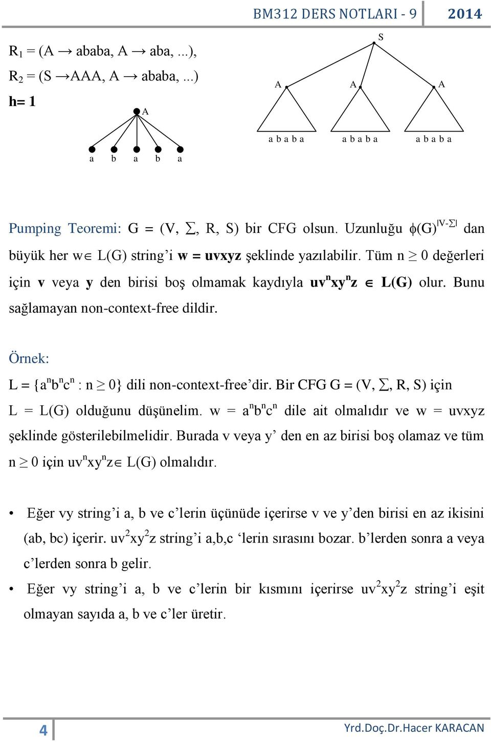 Bunu sağlamayan non-context-free dildir. Örnek: L = {a n b n c n : n 0} dili non-context-free dir. Bir CFG G = (V,, R, S) için L = L(G) olduğunu düşünelim.