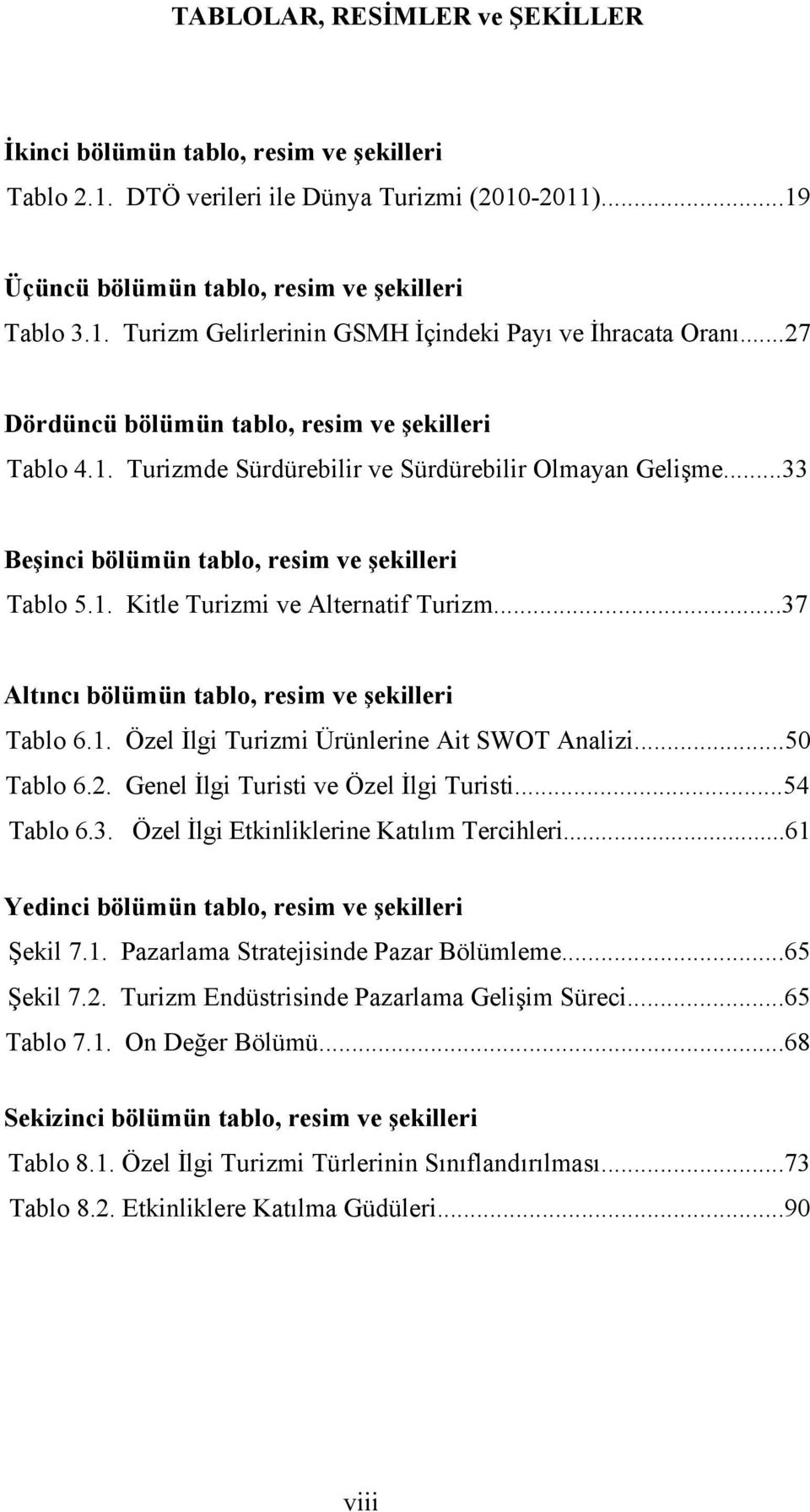 ..37 Altıncı bölümün tablo, resim ve şekilleri Tablo 6.1. Özel İlgi Turizmi Ürünlerine Ait SWOT Analizi...50 Tablo 6.2. Genel İlgi Turisti ve Özel İlgi Turisti...54 Tablo 6.3. Özel İlgi Etkinliklerine Katılım Tercihleri.