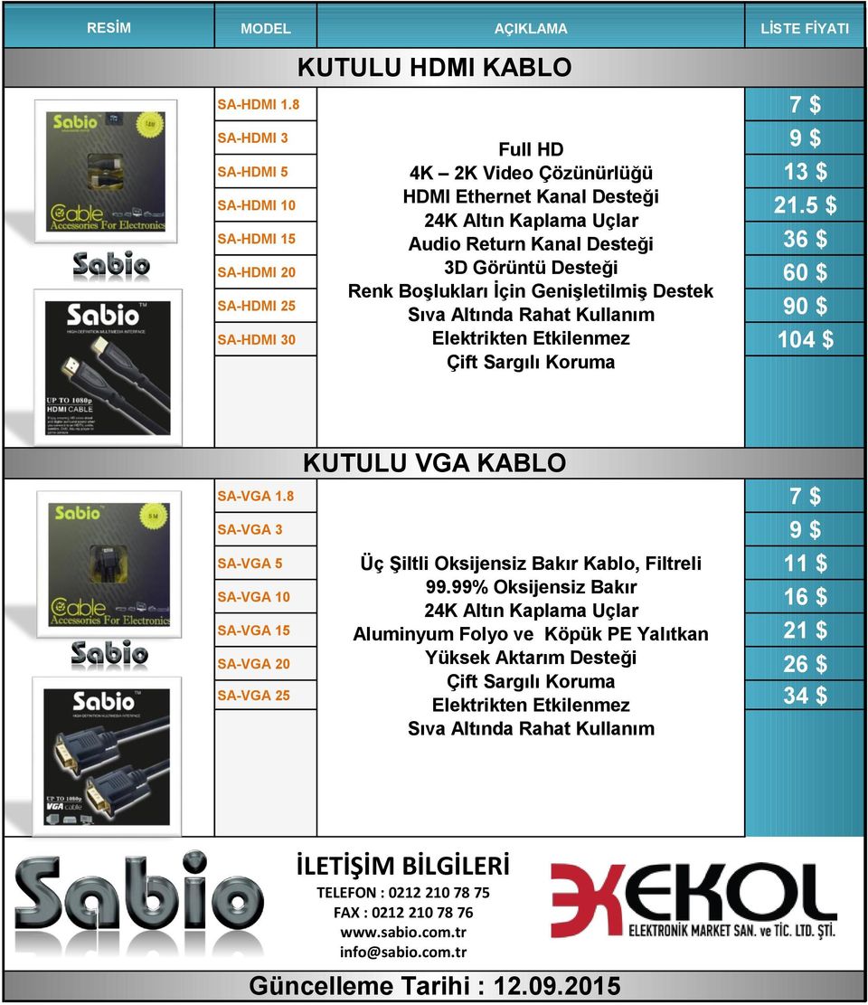 Destek Sıva Altında Rahat Kullanım SA-HDMI 10 21.5 $ SA-HDMI 15 36 $ SA-HDMI 20 60 $ SA-HDMI 25 90 $ SA-HDMI 30 Elektrikten Etkilenmez 104 $ Çift Sargılı Koruma KUTULU VGA KABLO SA-VGA 1.