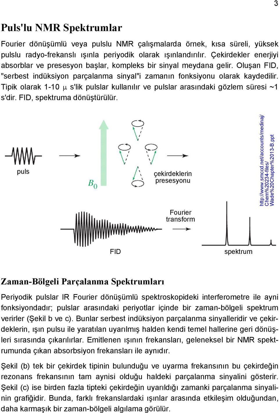 Tipik olarak 1-10 s'lik pulslar kullanılır ve pulslar arasındaki gözlem süresi ~1 s'dir. FID, spektruma dönüştürülür. puls çekirdeklerin presesyonu Fourier transform http://www.smccd.