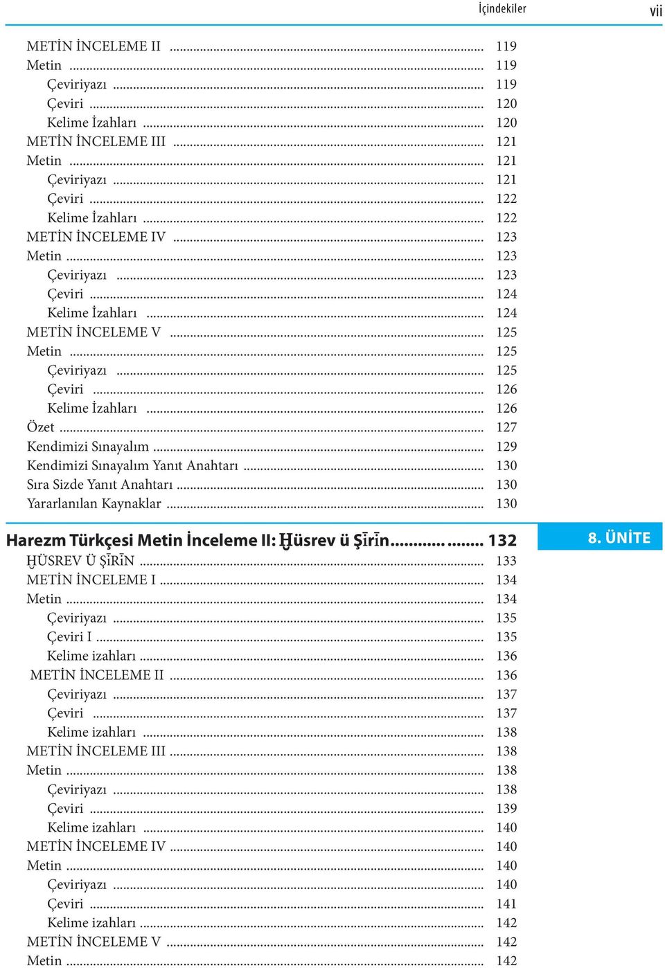 .. 127 Kendimizi Sınayalım... 129 Kendimizi Sınayalım Yanıt Anahtarı... 130 Sıra Sizde Yanıt Anahtarı... 130 Yararlanılan Kaynaklar... 130 Harezm Türkçesi Metin İnceleme II: Hüsrev ü Şirin.