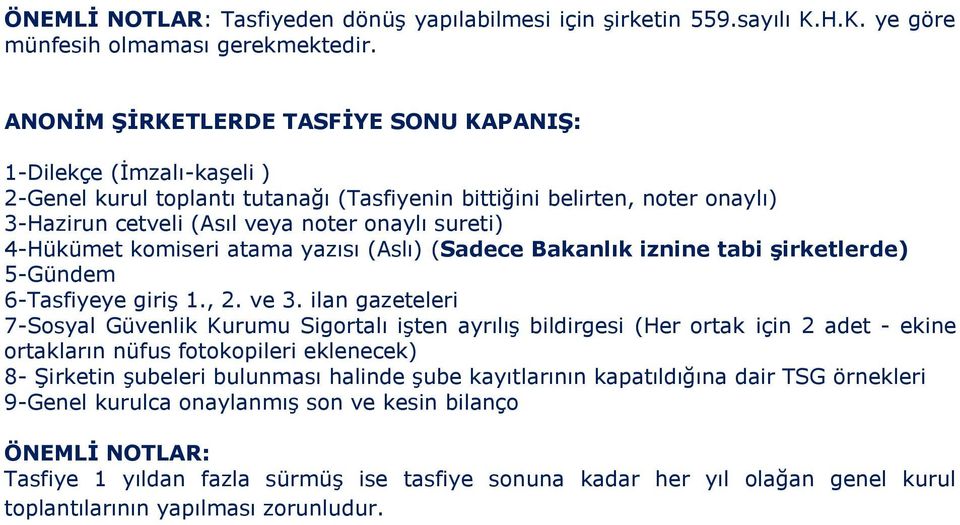 4-Hükümet komiseri atama yazısı (Aslı) (Sadece Bakanlık iznine tabi şirketlerde) 5-Gündem 6-Tasfiyeye giriş 1., 2. ve 3.