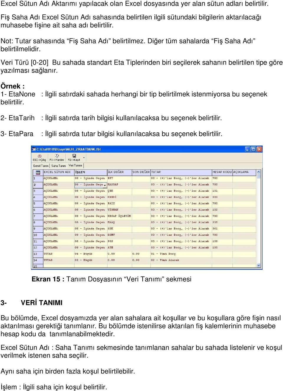 Diğer tüm sahalarda Fiş Saha Adı belirtilmelidir. Veri Türü [0-20] Bu sahada standart Eta Tiplerinden biri seçilerek sahanın belirtilen tipe göre yazılması sağlanır.